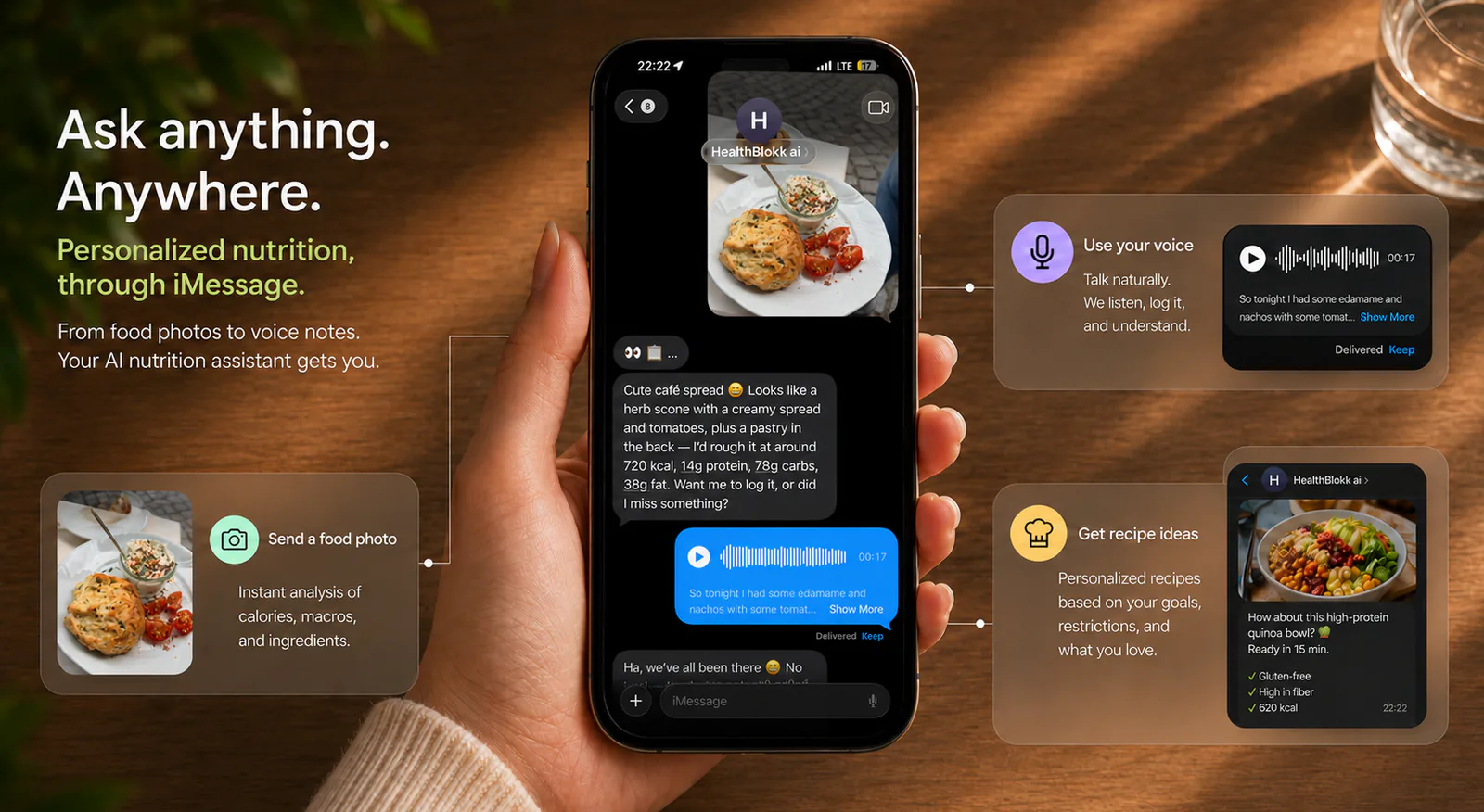 The HealthBlokk AI nutrition coach in iMessage: send a food photo, use your voice, and get personalised recipe ideas.