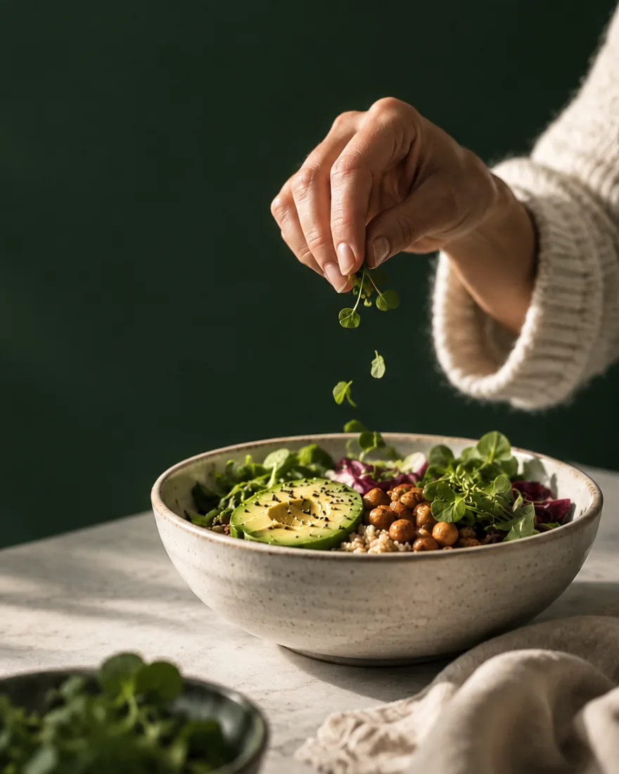 A hand scattering fresh cress over a bowl of greens, avocado and chickpeas