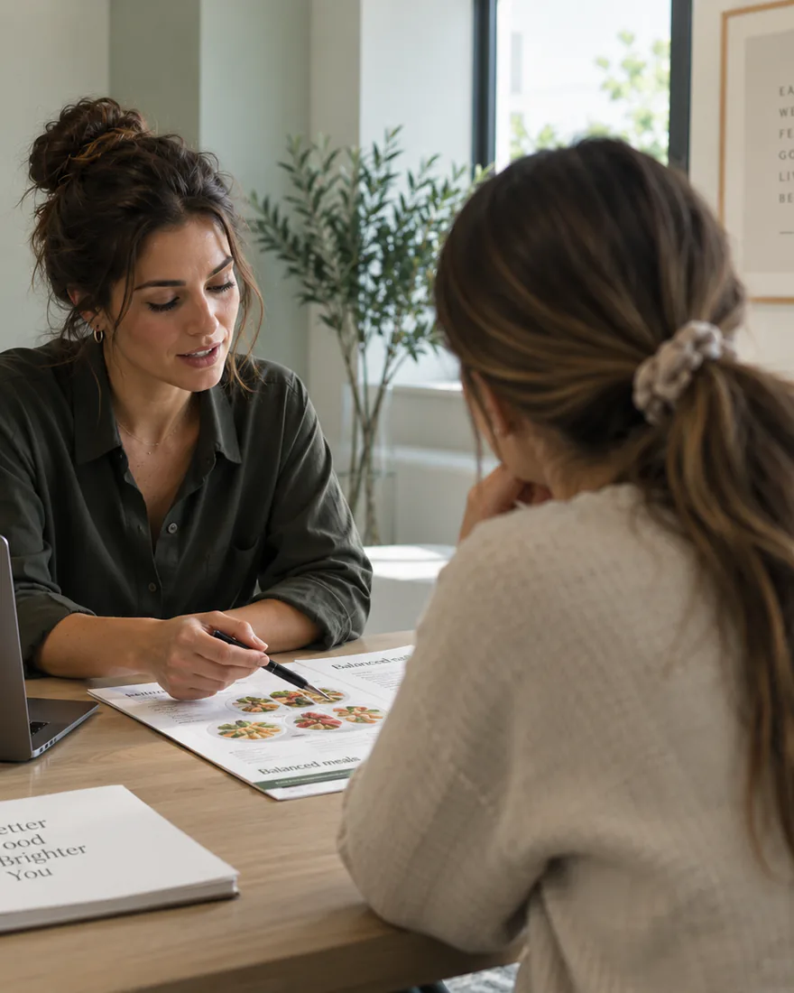 A nutrition professional walking a client through a meal plan at her desk